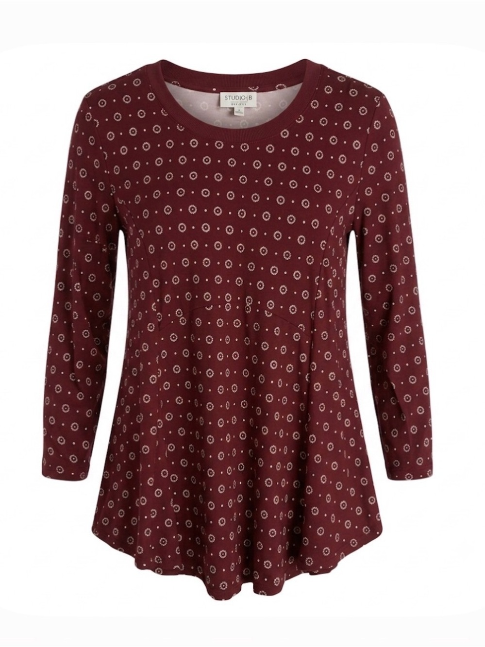 STUDIO B by Bobeau small white flowers and dots on a burgundy background.